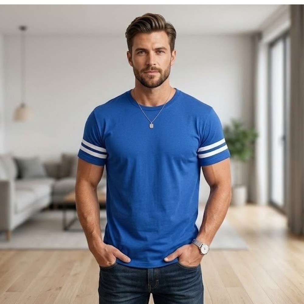 Royal Avalon Sport Mens Blue Striped‎ Sleeve Jersey T-Shirt Cotton Large